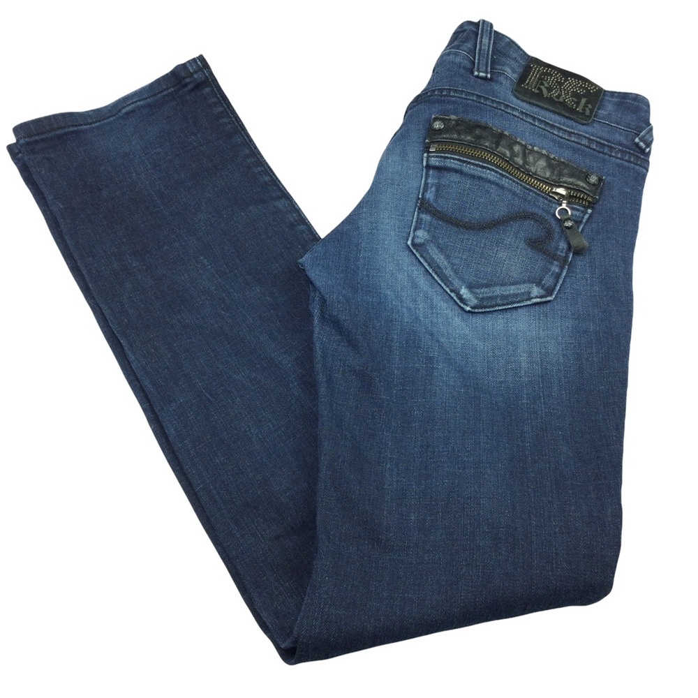 Express ReRock Jeans Straight Zip Back Pockets Faded Dark Denim Blue Women’s